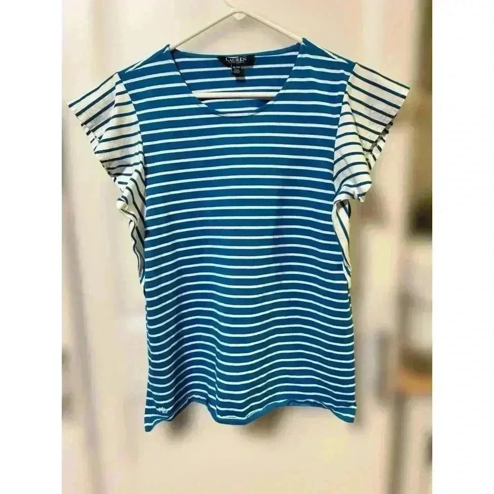 Lauren Ralph Lauren Blue White Striped Flutter Sleeve Top Blouse, Sizeโ XL